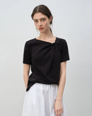 Women's asymmetrical knotted short-sleeved T-shirt, featuring 100% cotton fabric and sculptural knot detail for effortless summer weekend outings or morning errands.
