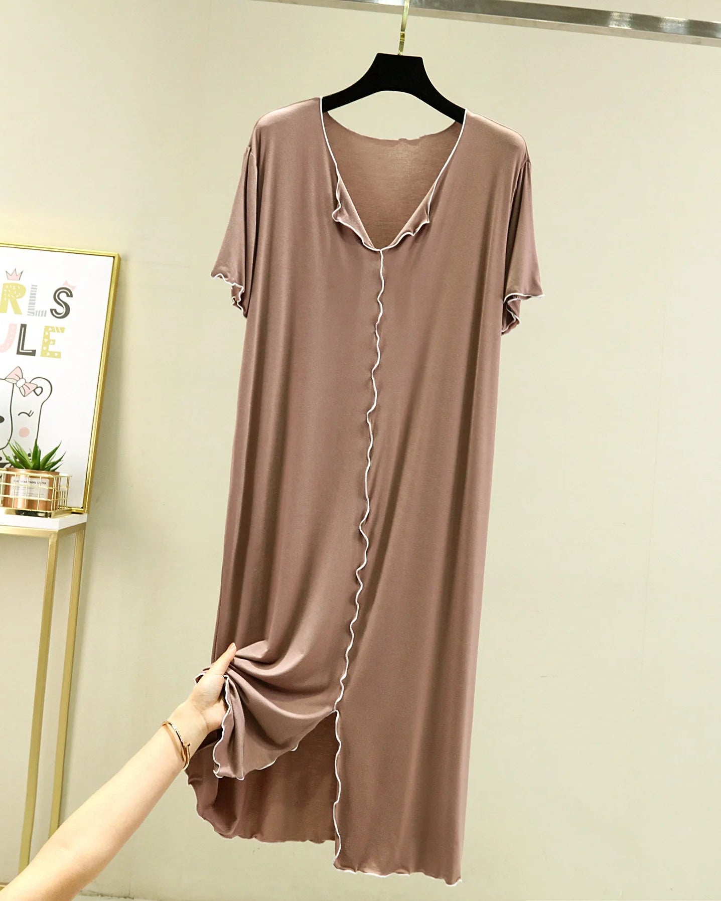 Modal V-Neck Short-Sleeve Mid-Calf Sleep Dress