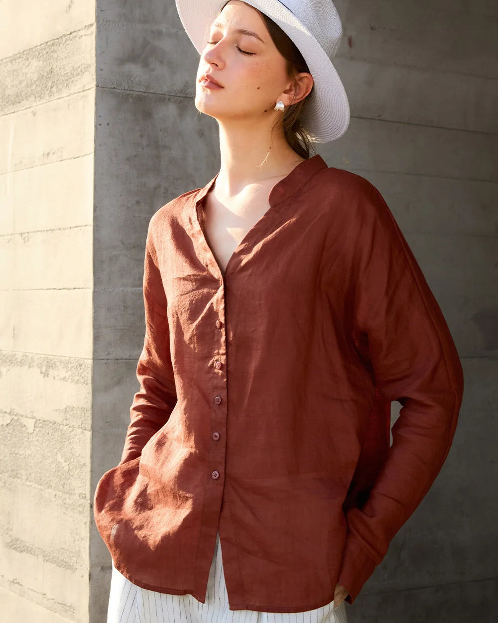 Ramie V-Neck Button-Down Shirt