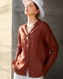 Ramie V-Neck Button-Down Shirt