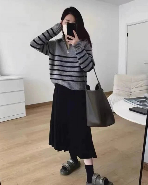Half Zipper Striped Pure Cashmere Pullover