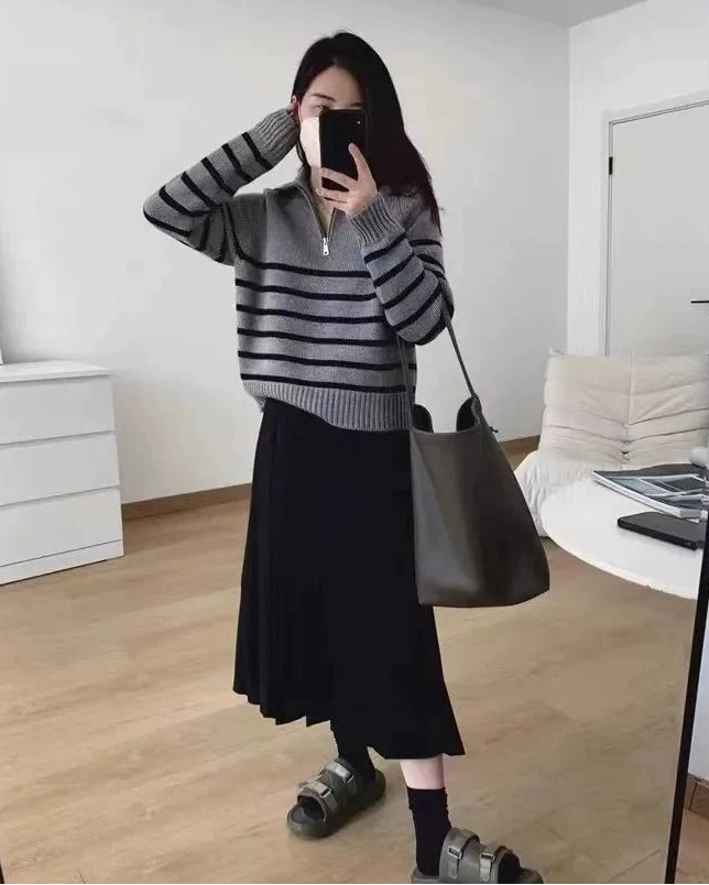 Half Zipper Striped Pure Cashmere Pullover