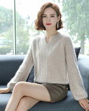 Women's mink cashmere V-neck knitted pullover with medium stretch and loose fit, delivering cloud-soft warmth for fall and winter layering or effortless wear.