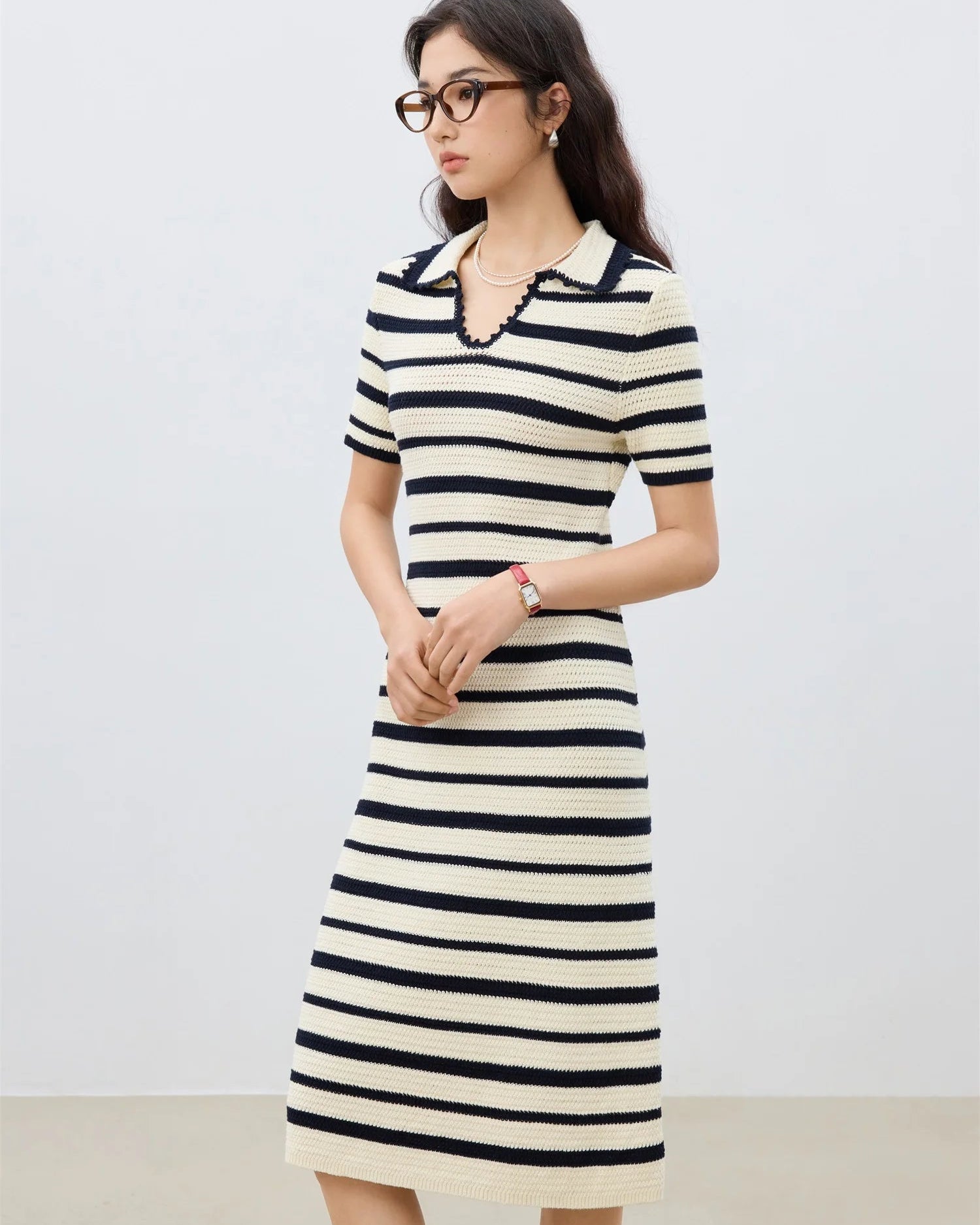 Long Striped Polo Collar Knit Dress