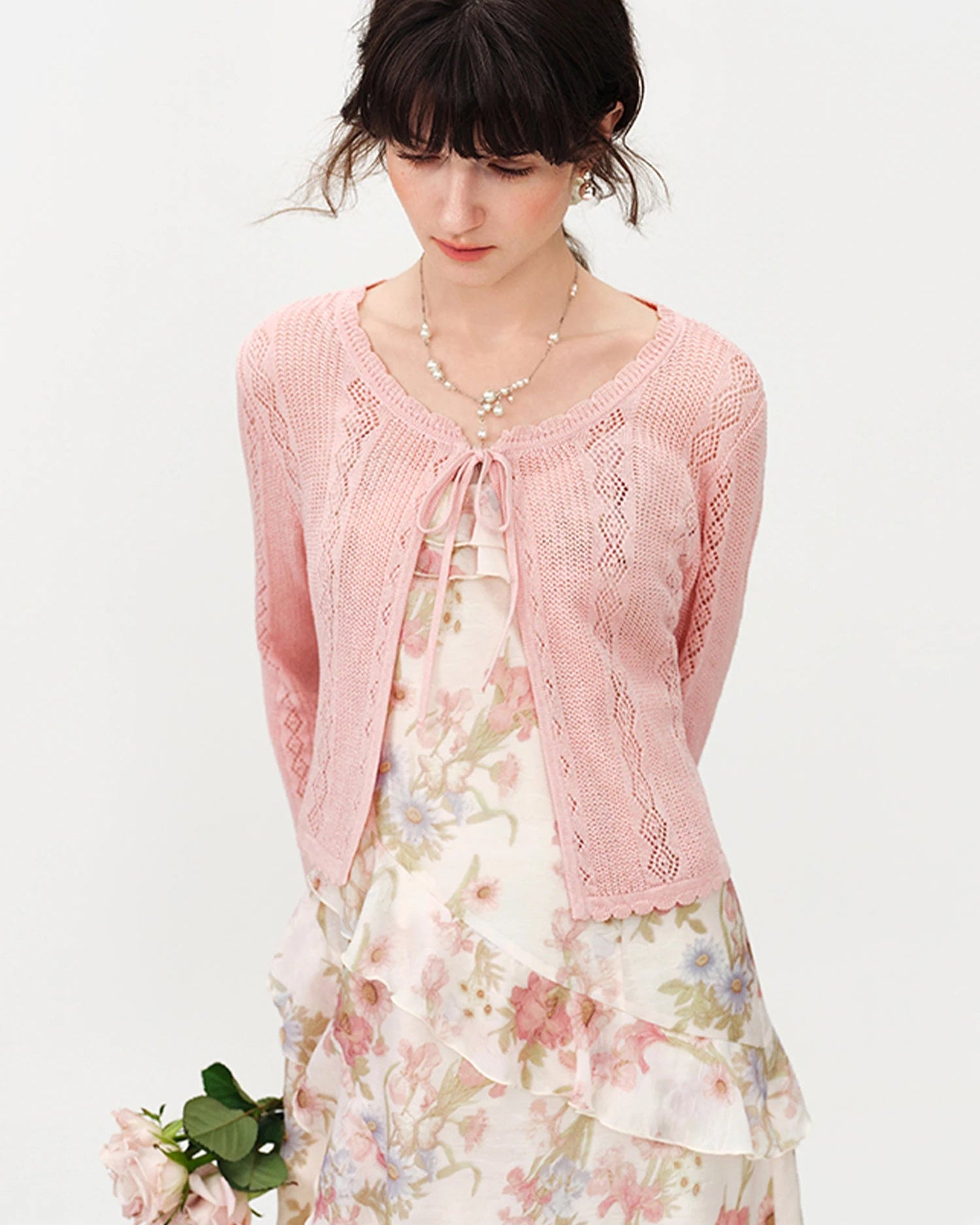 Linen Blend Open-Knit Lace-Up Cardigan