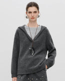 Women's gray faux two-piece hooded knit sweatshirt, featuring soft wool-blend warmth and relaxed fit for winter sports-leisure or campus casual wear.