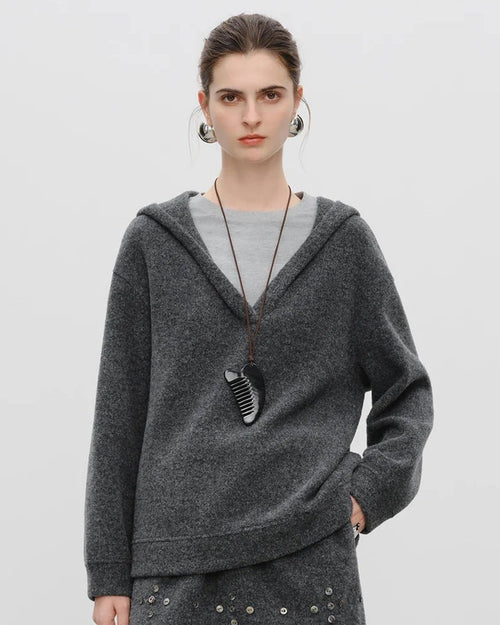 Women's gray faux two-piece hooded knit sweatshirt, featuring soft wool-blend warmth and relaxed fit for winter sports-leisure or campus casual wear.