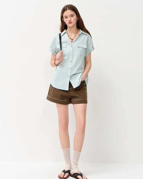 Loose V-Neck Rolled-Up Sleeve Shirt