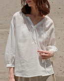 Ramie Lyocell V-Neck Drawstring Blouse