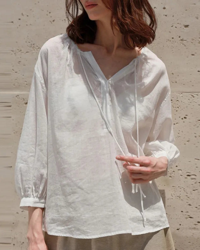 Ramie Lyocell V-Neck Drawstring Blouse