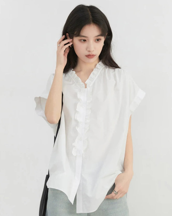 Loose V-Neck Ruffled Pure Cotton Shirt