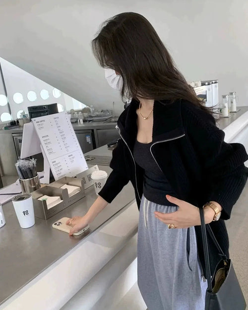 Stand Collar Zipper Cashmere Knit Cardigan
