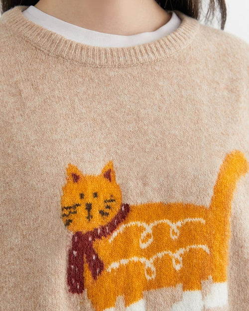 Cartoon Cat Appliqué Knit Sweater