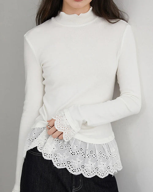 High-Neck Slim-Fit T-Shirt With Spliced Hem