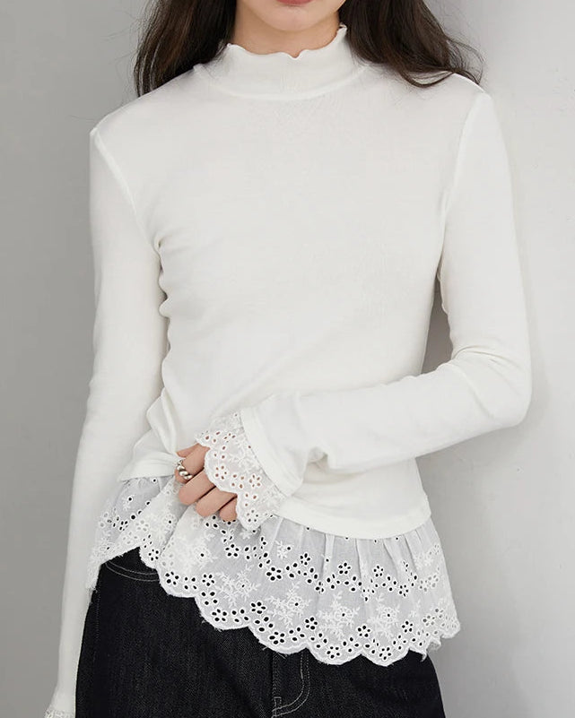 High-Neck Slim-Fit T-Shirt With Spliced Hem