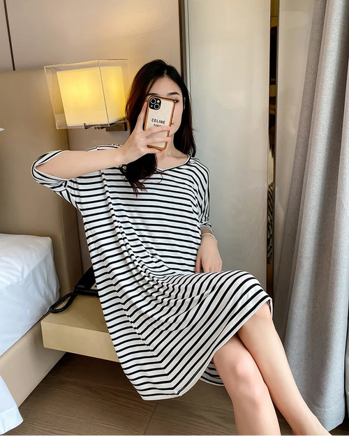 Modal Stripe Short Sleeve V-Neck Sleep Dress
