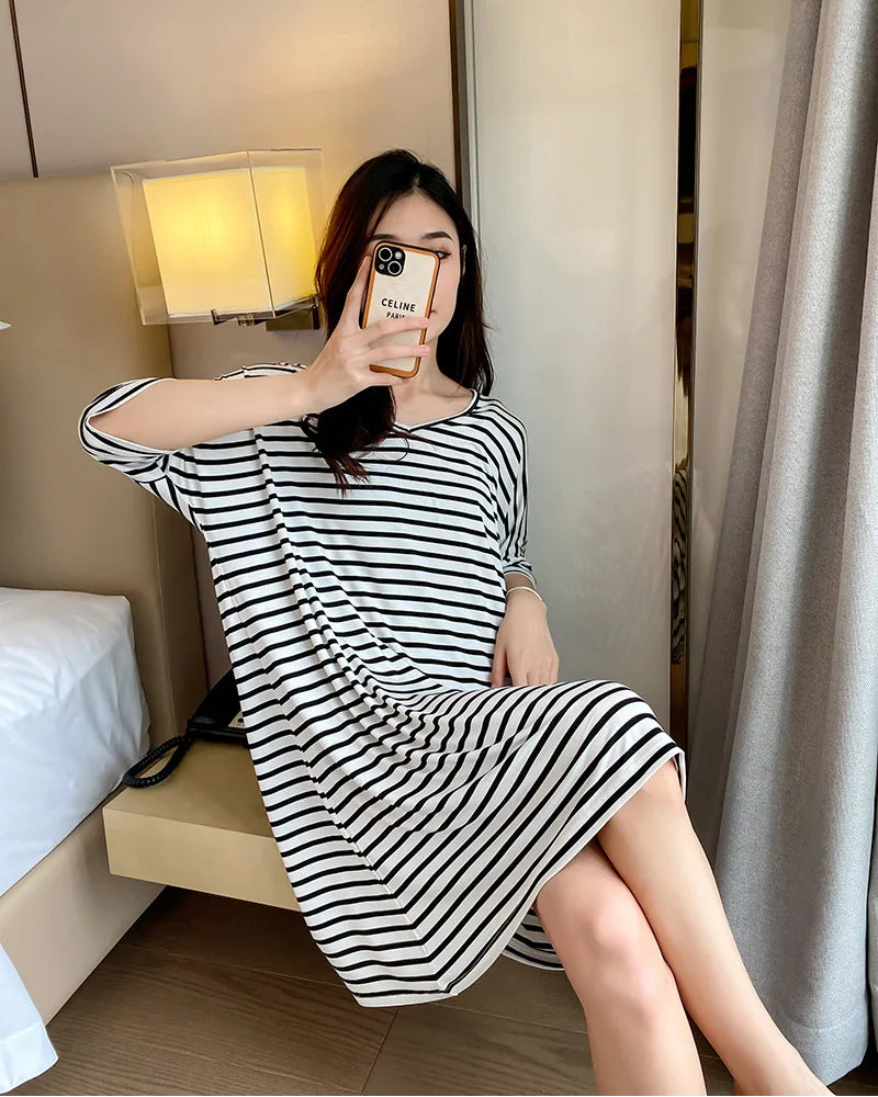 Modal Stripe Short Sleeve V-Neck Sleep Dress