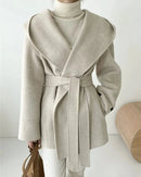 Hooded Wool Blend Wrap Coat