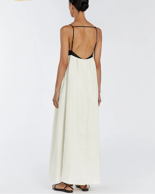 Cotton Slash-Neck Patchwork Sleeveless Maxi Dress
