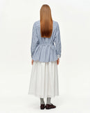 Lace Trim Jacquard Stripe Tie-Waist Blouse
