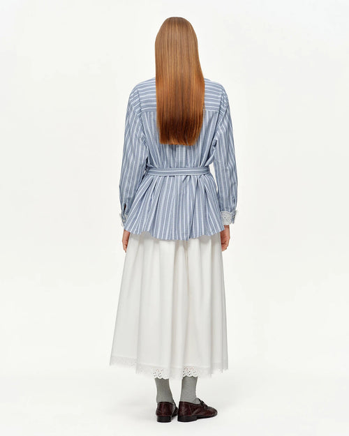 Lace Trim Jacquard Stripe Tie-Waist Blouse