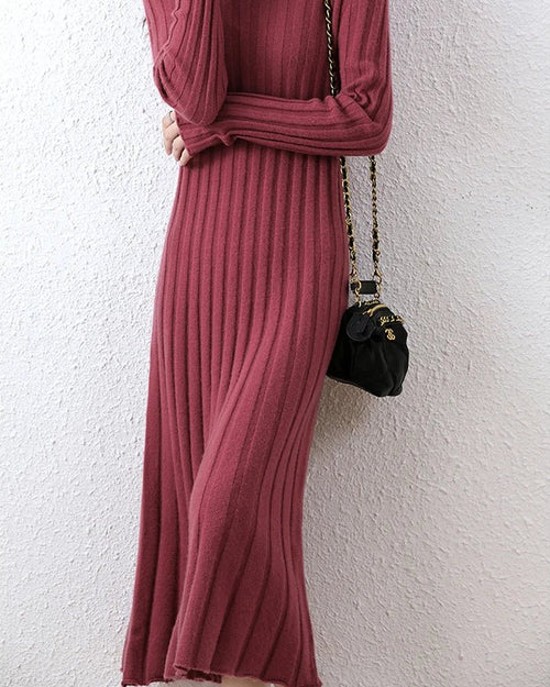 Ribbed Knitted 100% Wool Sweater Dress