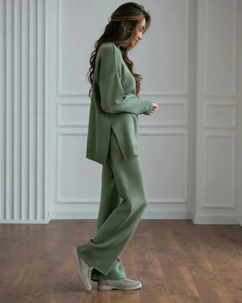 Half Turtleneck Sweater & Wide Leg Pants Knitted Set