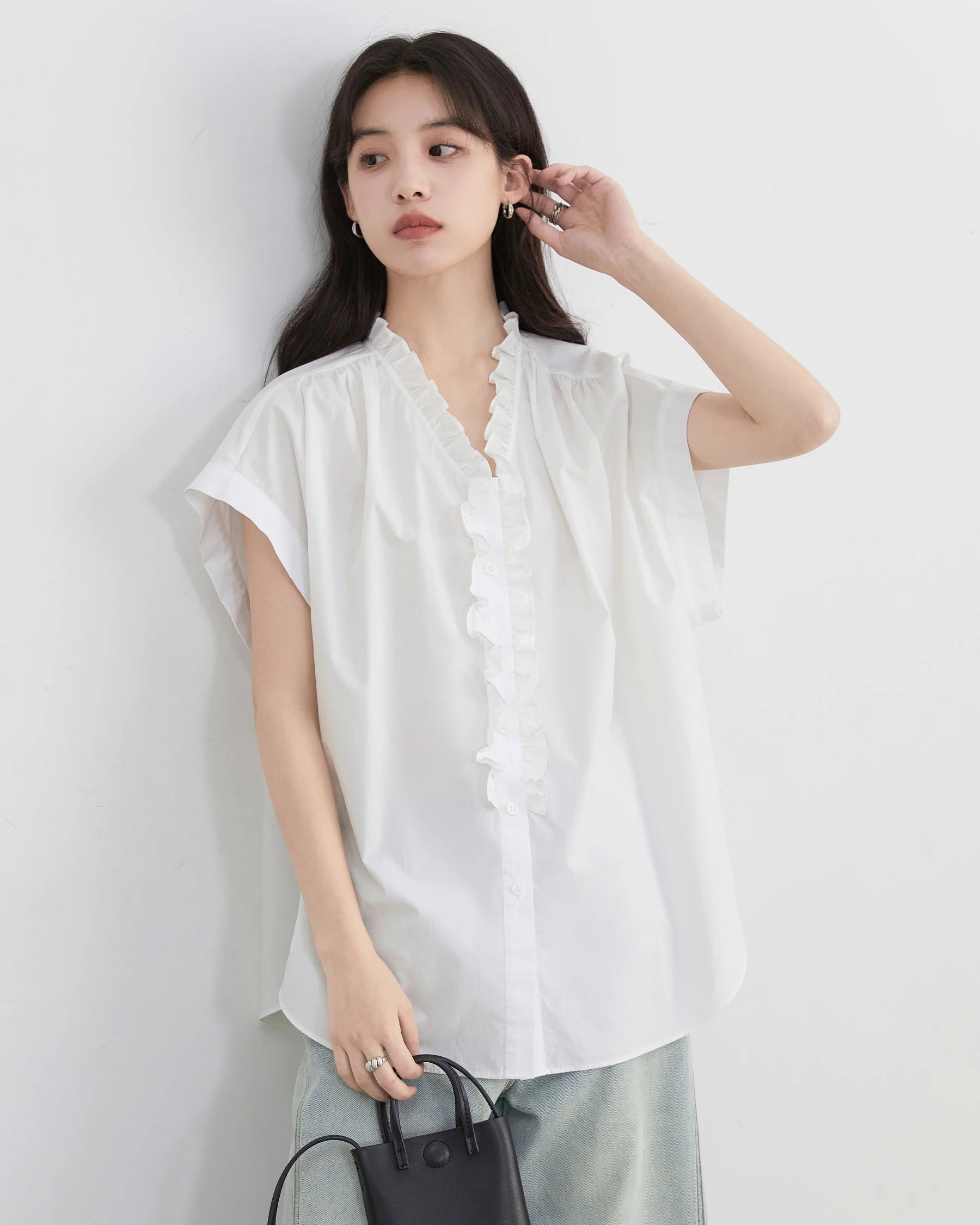 Loose V-Neck Ruffled Pure Cotton Shirt