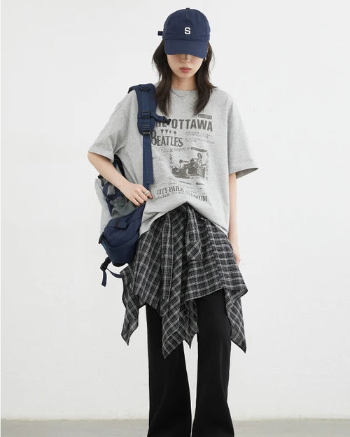 Plaid Asymmetric A-Line Cotton Midi Skirt