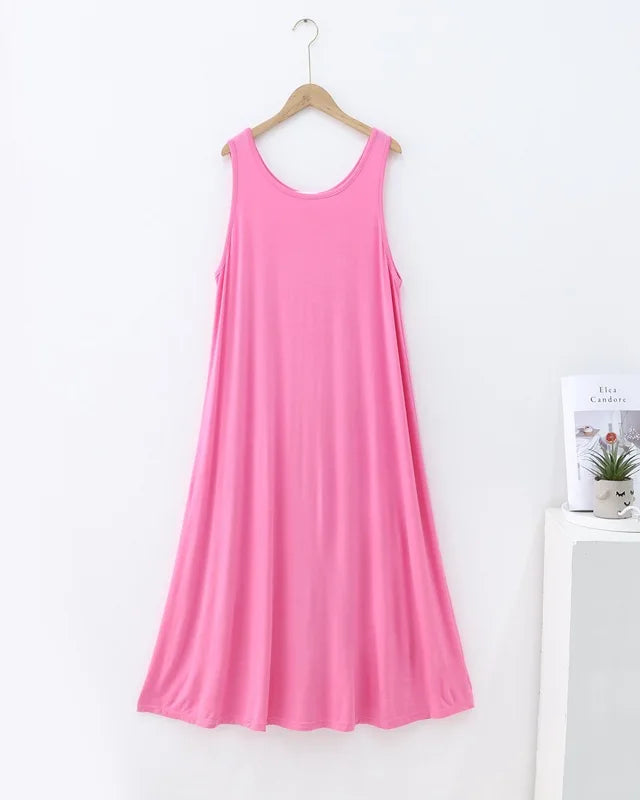 Modal and polyester knit sleeveless sleep dress with a round neckline. Soft, lightweight & breathable mid-calf fit for summer, sizes L–XXL.