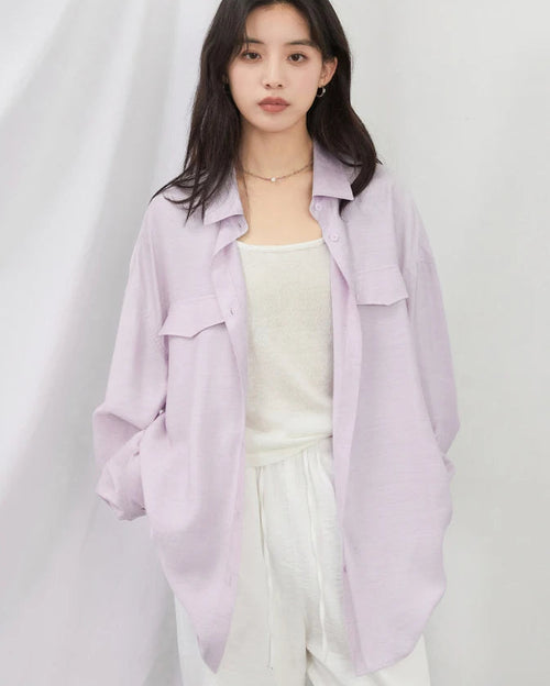 Lightweight viscose-linen blend single-breasted loose long-sleeved shirt with a natural wrinkled texture, perfect for polished office wear or spring summer casual outfits in purple or beige.