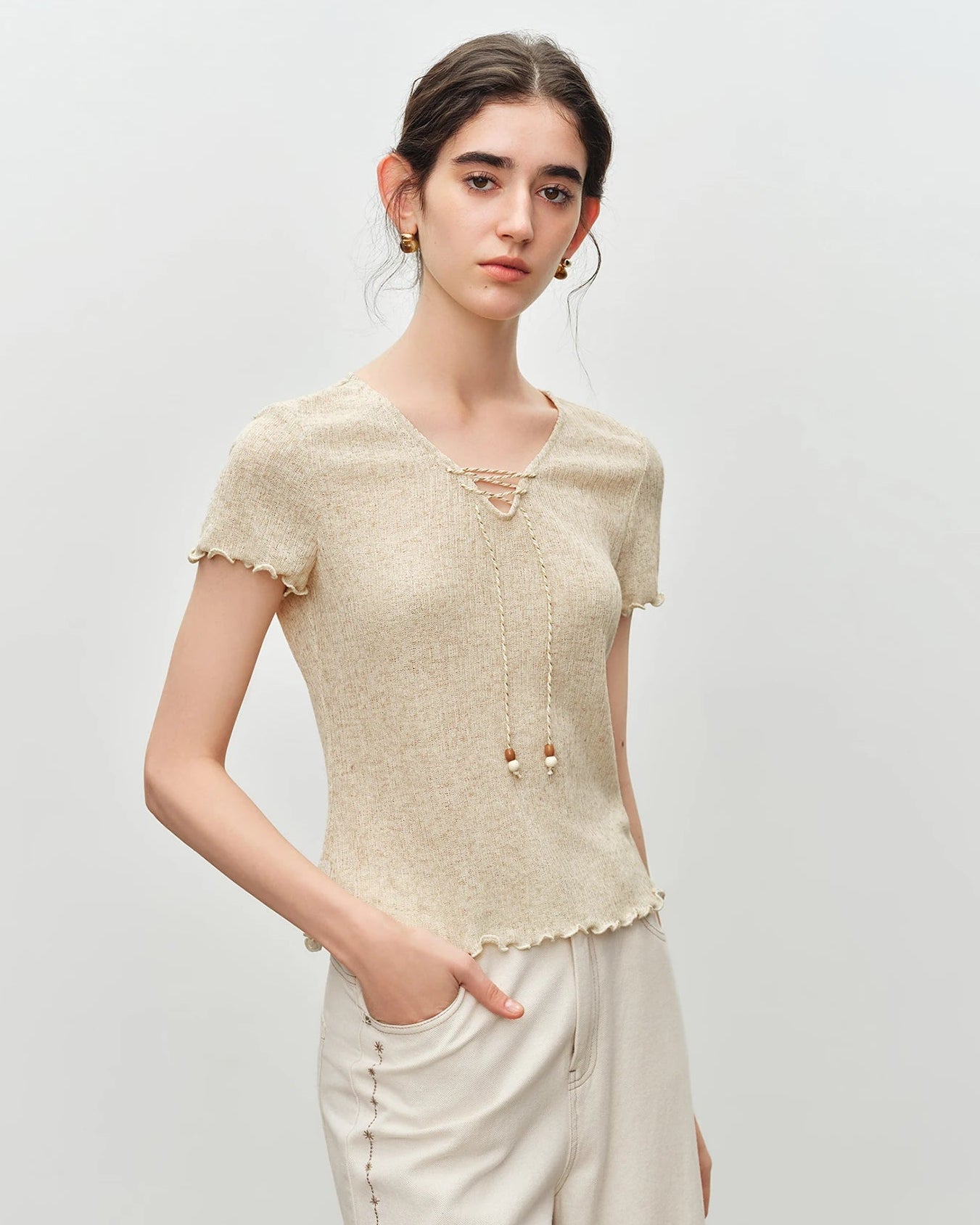 Beaded V-Neck Tie-Front Knit T-Shirt