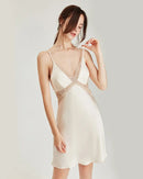100% mulberry silk V-neck lace spaghetti strap sleep dress in champagne. Available as a dress or dress-and-robe set, sizes M–XL.