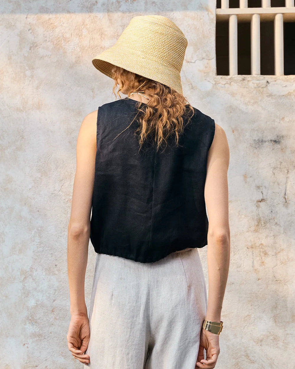 Linen Drawstring Crew Neck Cropped Vest
