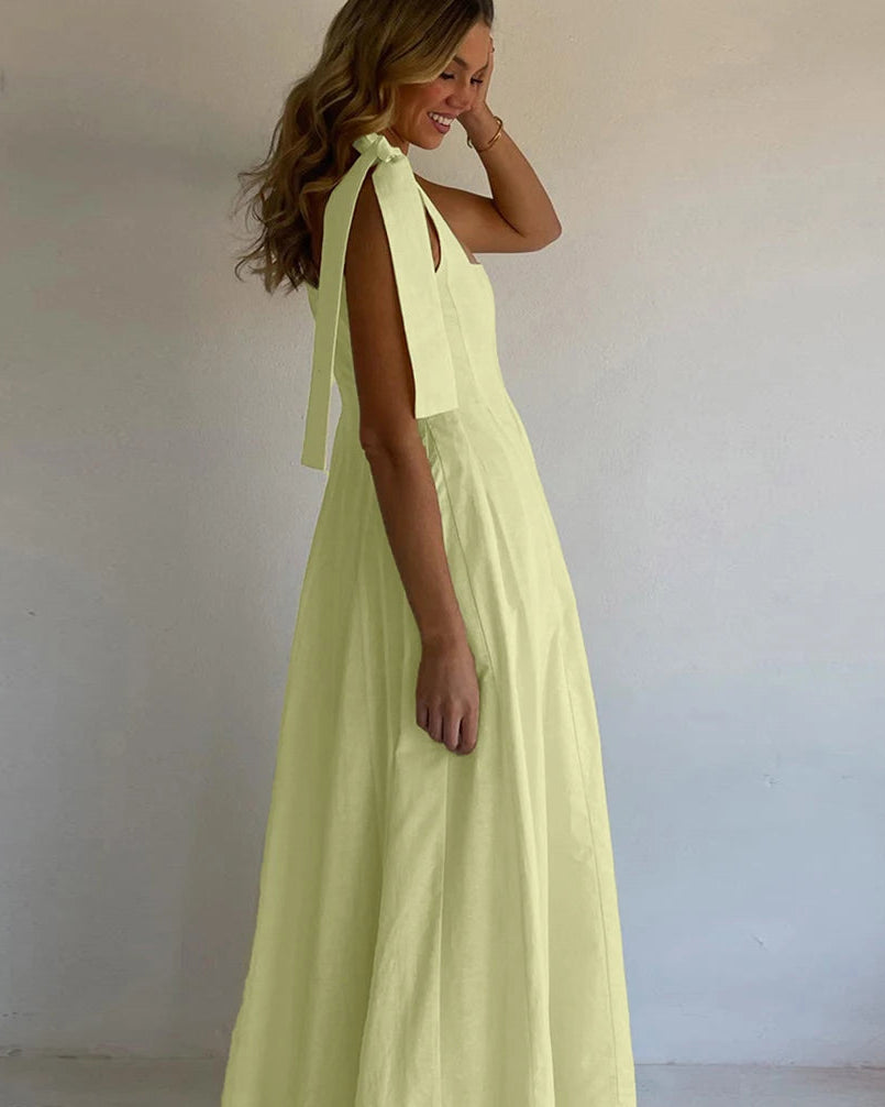 Square Neck Pleated Cotton Maxi Dress