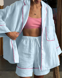 Cotton Long-Sleeve Shirt & High-Waist Shorts Set