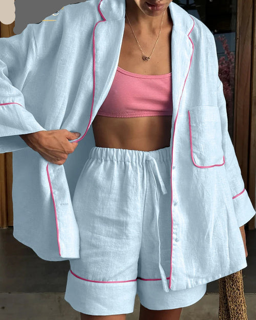Women's Cotton long-sleeve shirt and high-waist shorts set crafted from lightweight woven fabric, featuring a turn-down collar and elastic waist that delivers relaxed casual-chic versatility from weekend mornings to afternoon outings.