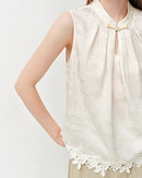 Stand-Collar Frog-Button Sleeveless Shirt