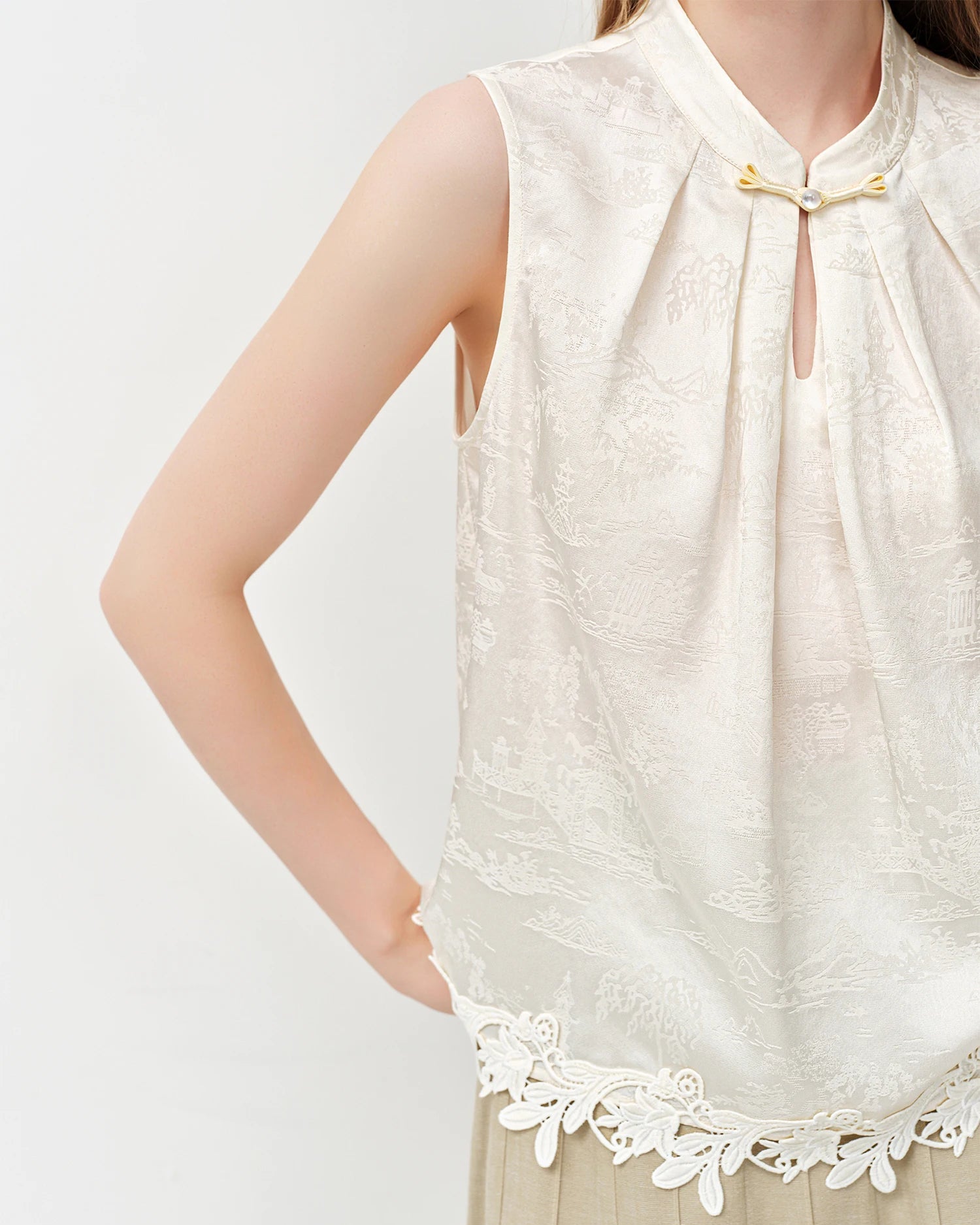 Stand-Collar Frog-Button Sleeveless Shirt