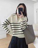 Half Zipper Striped Pure Cashmere Pullover