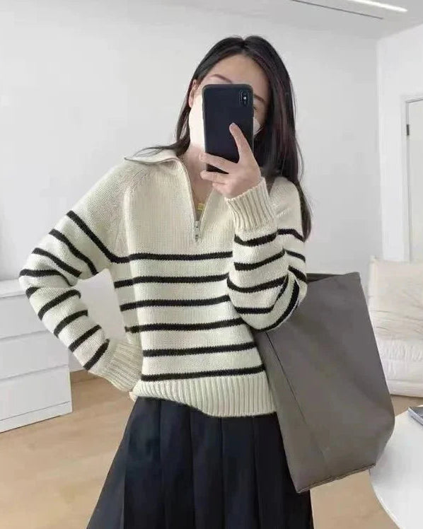 Half Zipper Striped Pure Cashmere Pullover