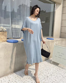 Women's Cotton-modal blend loose sleep dress featuring a relaxed A-line silhouette, short sleeve cut, and mid-calf length, perfect for breathable summer loungewear comfort.