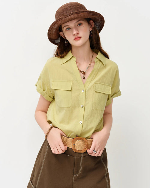 Loose V-Neck Rolled-Up Sleeve Shirt