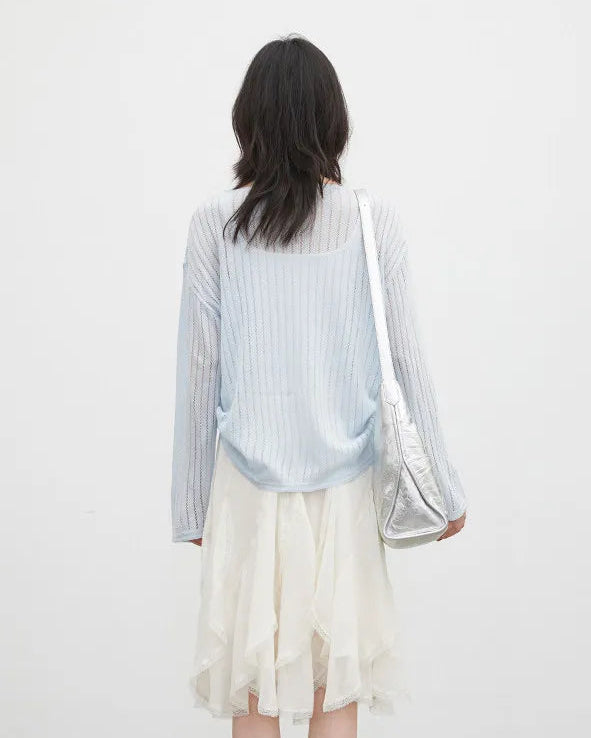 Hollow-Out Slant Shoulder Knit Top