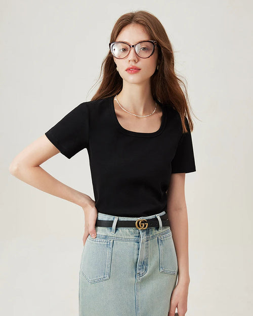  Premium soft stretchy square neck knit t-shirt crafted for a flattering fit, offering breathable comfort and versatility for your lounging needs or relaxed daily activities.