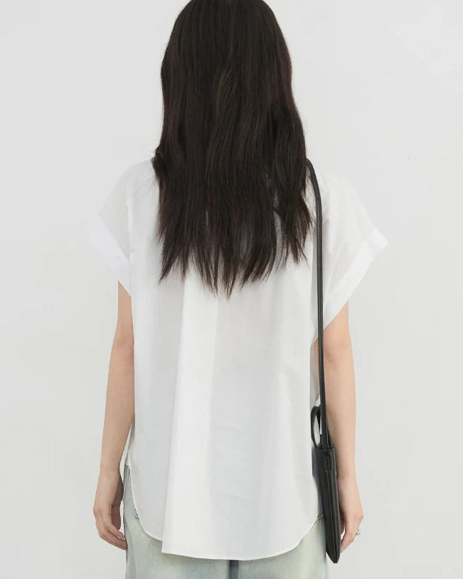 Loose V-Neck Ruffled Pure Cotton Shirt