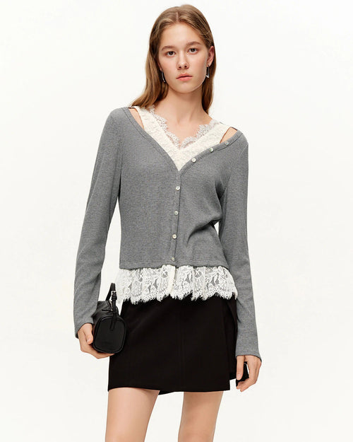 Women's Lace V-Neck Knit Long Sleeve Top