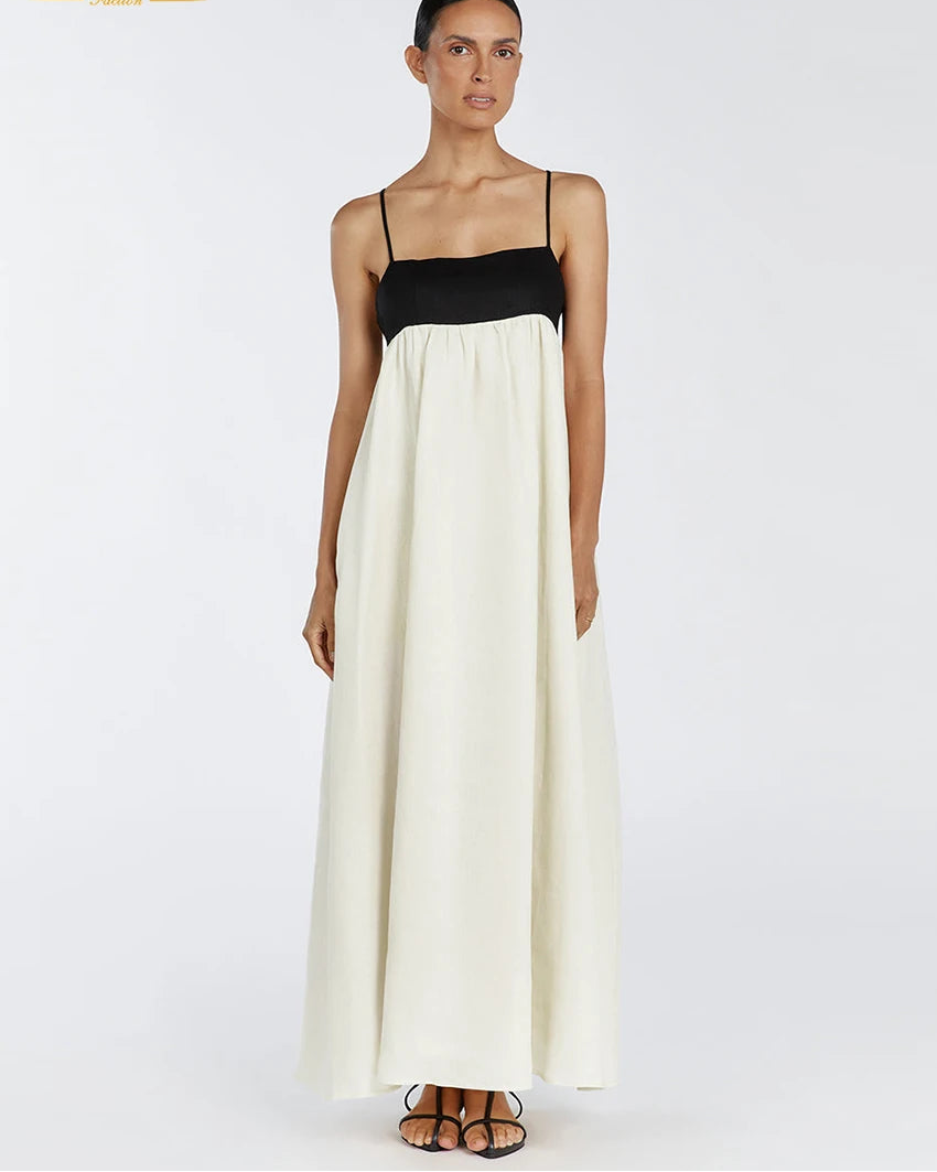 Cotton Slash-Neck Patchwork Sleeveless Maxi Dress