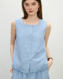 Premium blue square-neck knitted sleeveless vest crafted from a breathable viscose blend, offering a modern silhouette and versatile comfort for your lounging or daily summer activities.