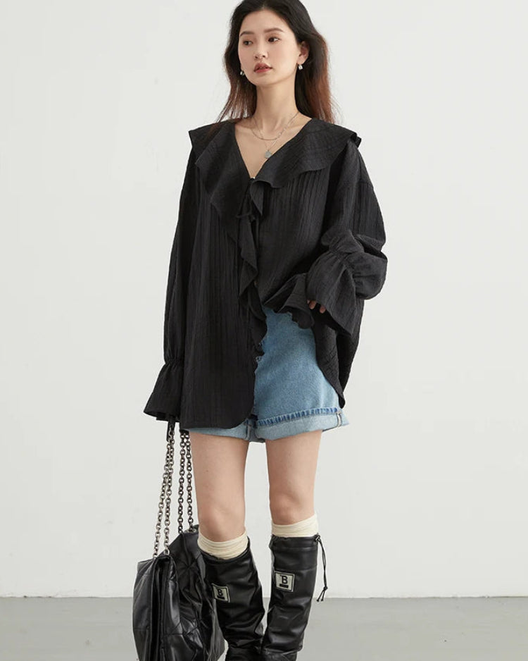 Ruffled V-Neck Loose Lyocell Casual Blouse